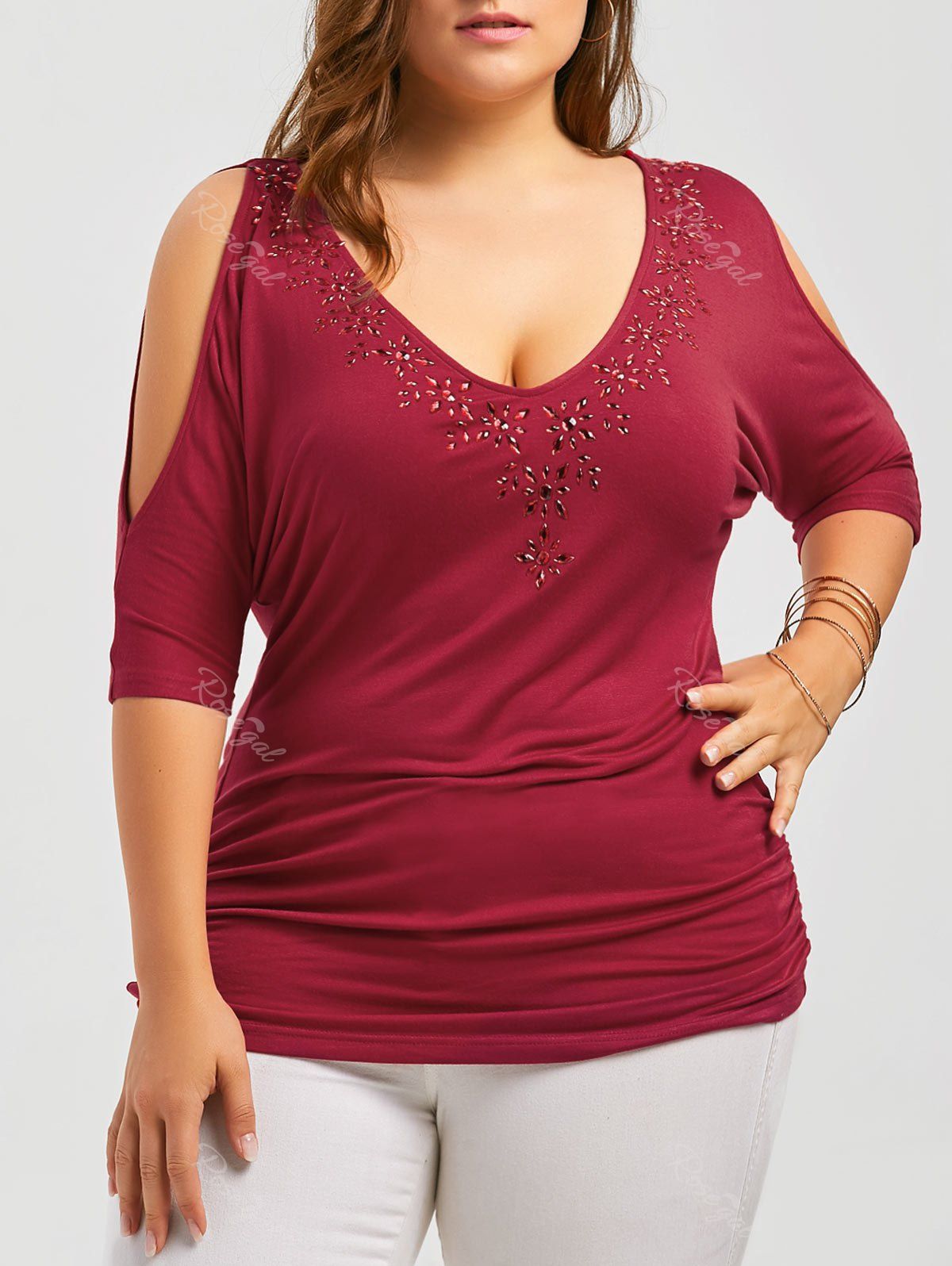 [44% OFF] Plus Size Rhinestone Cold Shoulder Top | Rosegal