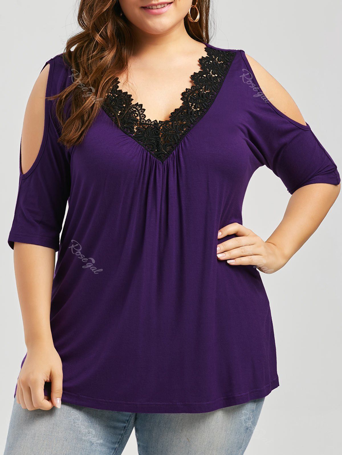 [33% OFF] Plus Size Lace Trim Cold Shoulder V Neck Flowy Top | Rosegal