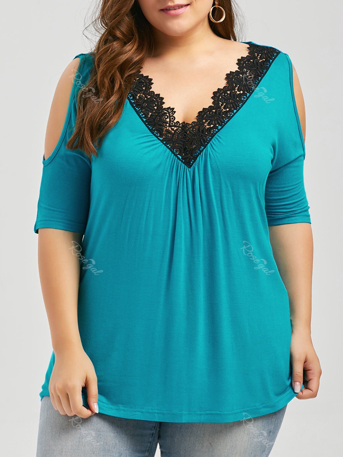 

Plus Size Lace Trim Cold Shoulder V Neck Flowy Top, Oasis