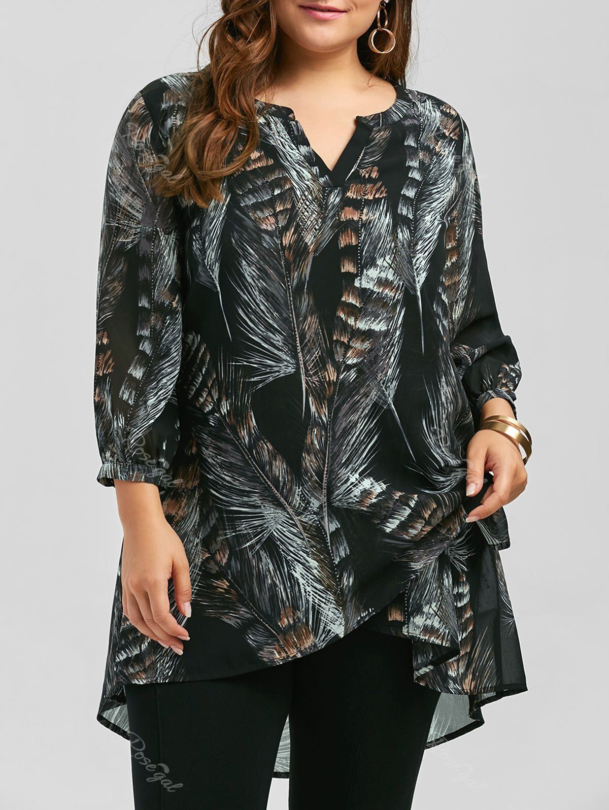 

Plus Size Long Sleeve Feather Print Tunic Top, Black