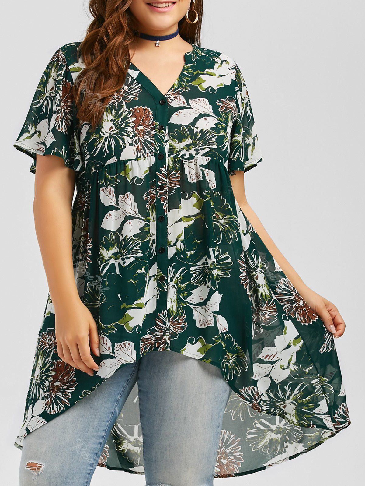[11 OFF] Plus Size Floral High Low Blouse Rosegal