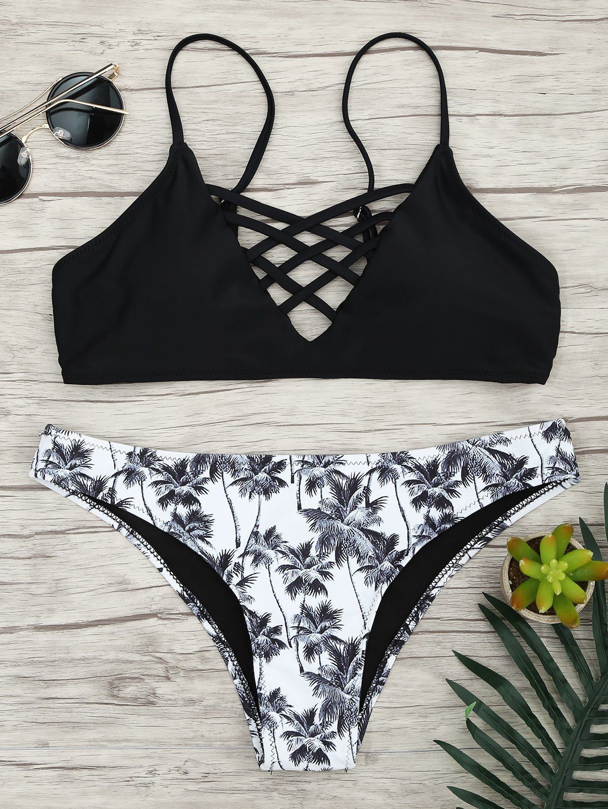 

Palm Trees Tropical Lace Up Bikini Set, Black