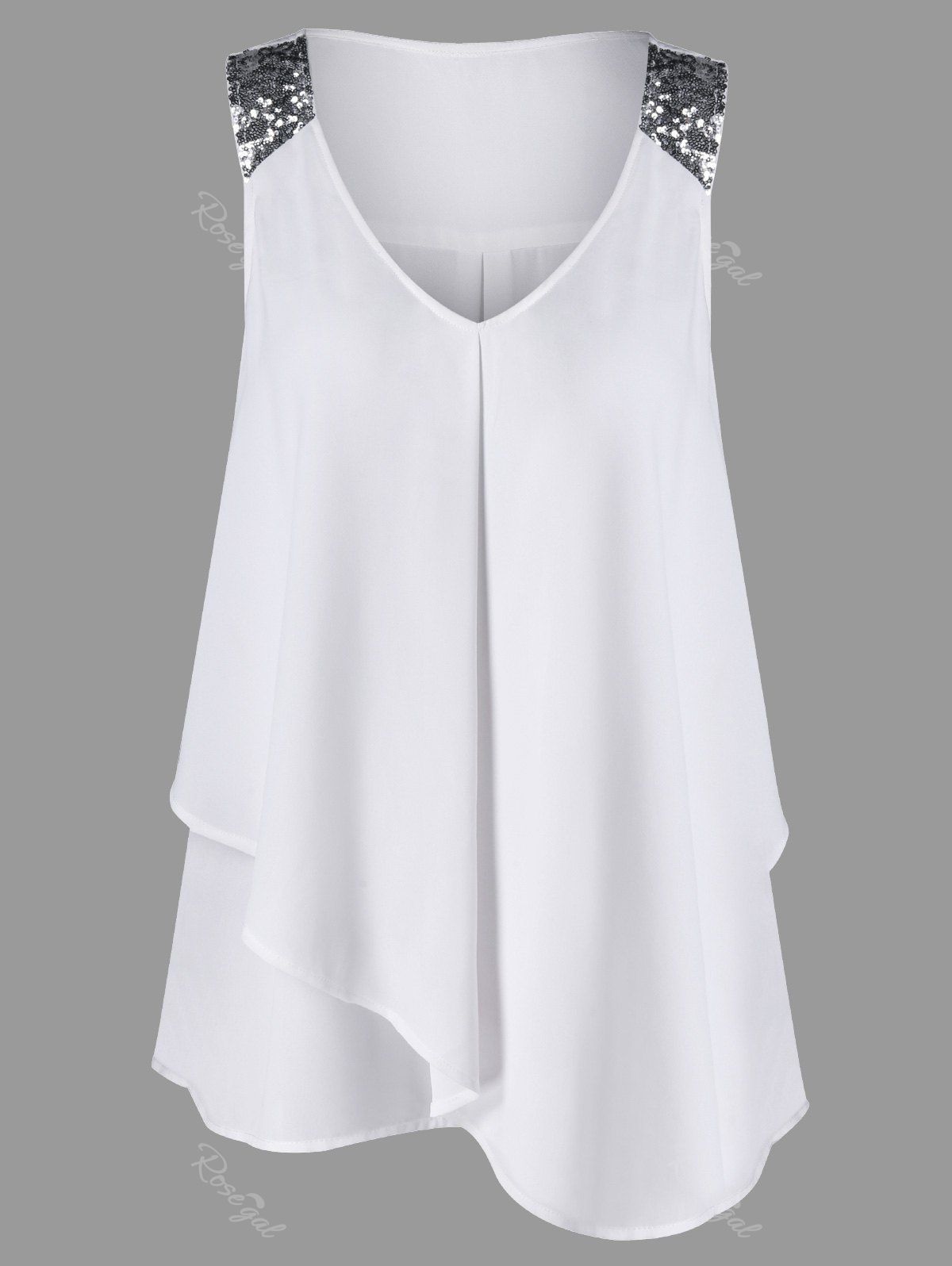 

Plus Size Sequined Sleeveless Shoulder Overlap Blouse, White