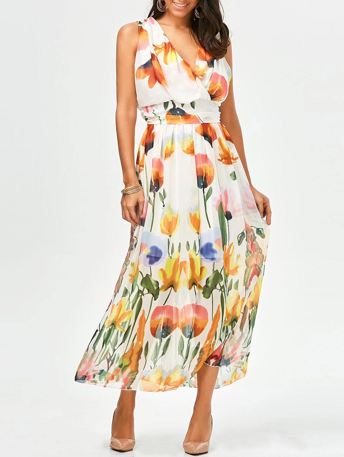 [22% OFF] Sleeveless Floral Maxi Summer Swing Dress | Rosegal