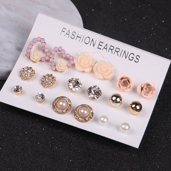 

Faux Pearl Rhinestone Flower Heart Stud Earrings, Multicolor