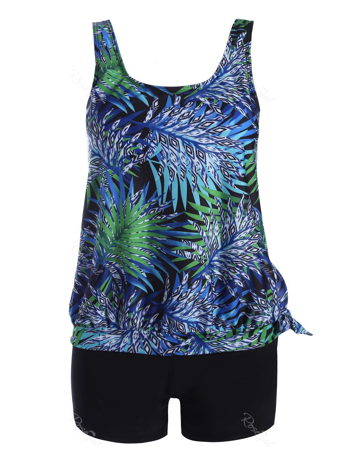 

Plus Size Tropical Leaves Print Blouson Tankini, Colormix