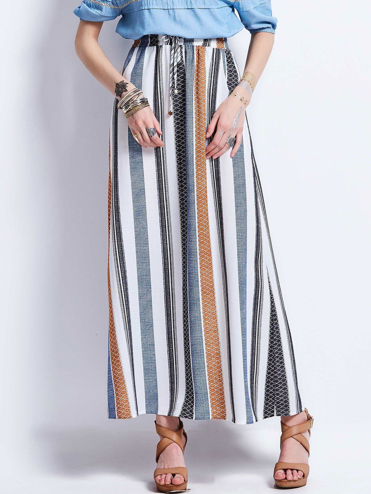 [23% OFF] Striped Drawstring High Waisted Maxi Skirt | Rosegal