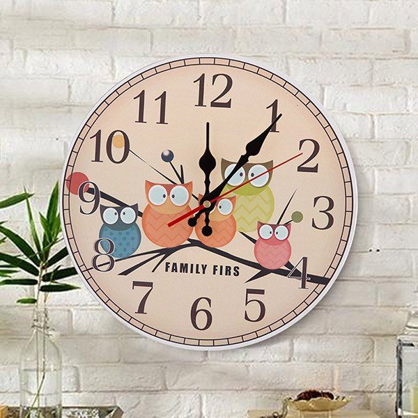 

Owl Round Wood Analog Number Mute Wall Clock, Apricot