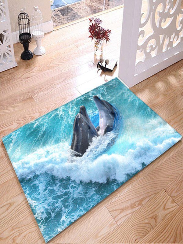 [29% OFF] Nautical Dolphin Print Flannel Skidproof Bathroom Rug | Rosegal