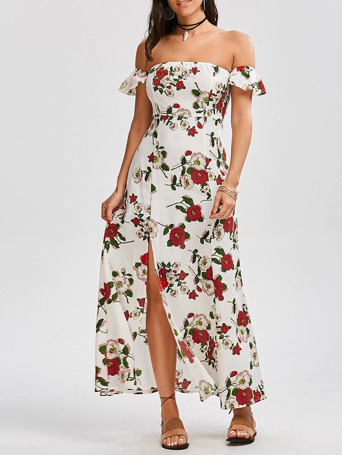 Fashion High Split Floral Off The Shoulder Maxi Dress  