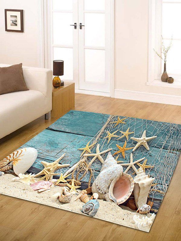 

Nautical Starfish Print Flannel Skidproof Bathroom Rug, Blue