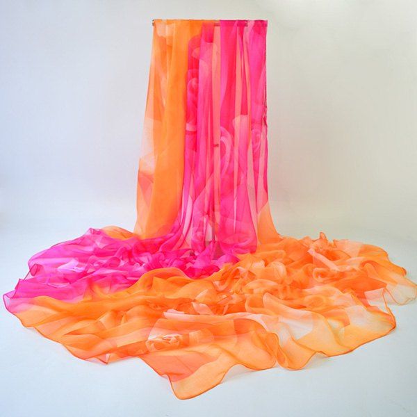 

Rose Pattern Two Tone Gossamer Shawl Wrap Scarf, Orange yellow