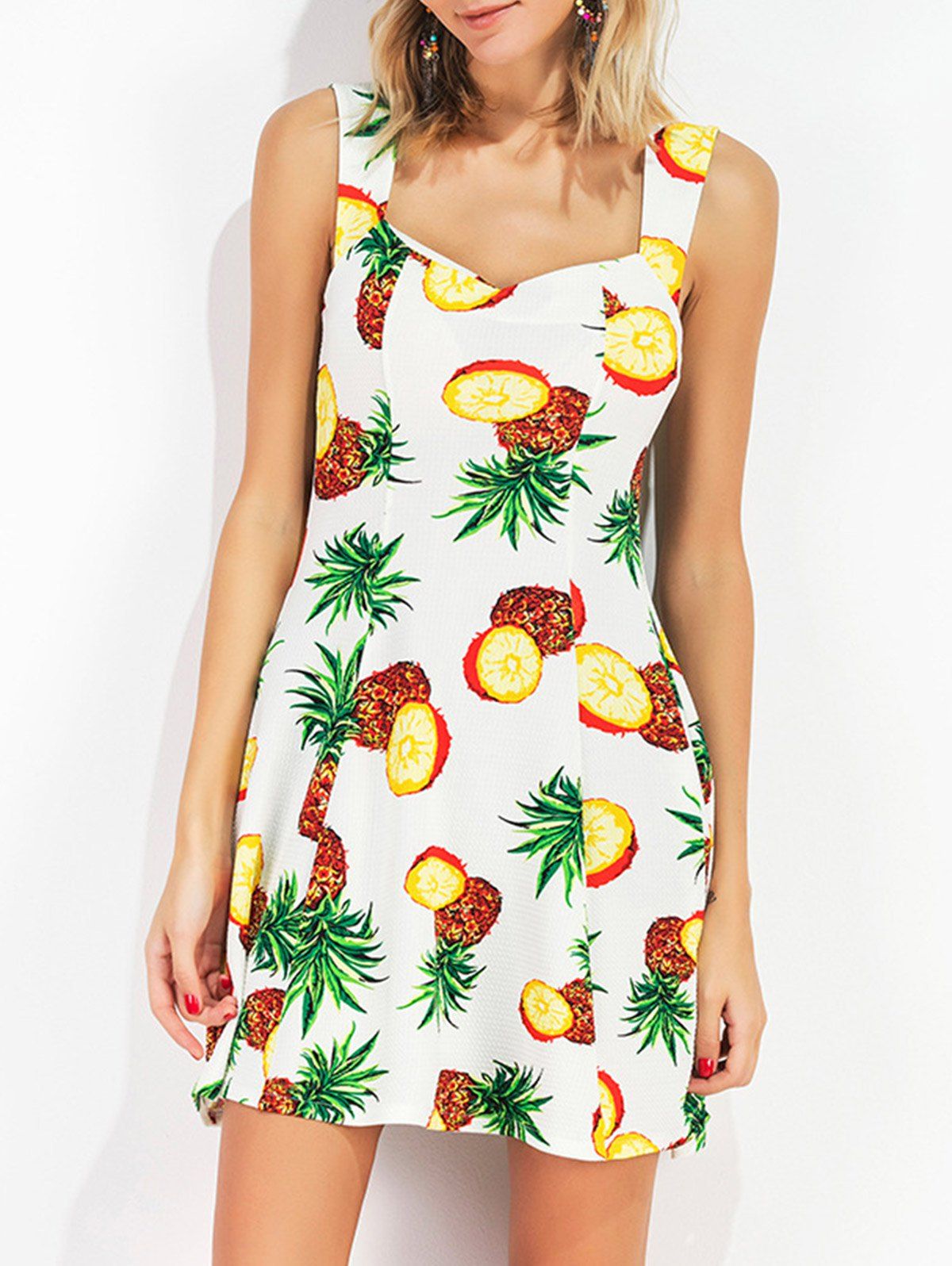 Fashion Pineapple Print Sweetheart Neckline Sleeveless Dress  