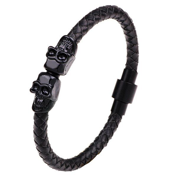 

Faux Leather Double Skulls Magnetic Clasp Bracelet, Black