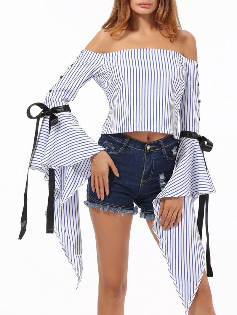 Cheap Bell Sleeve Striped Off The Shoulder Top  