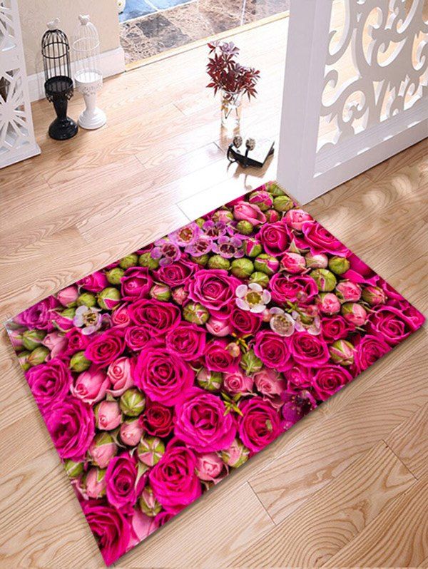 

Wedding Rose Print Flannel Water Absorption Bathroom Rug, Rose red