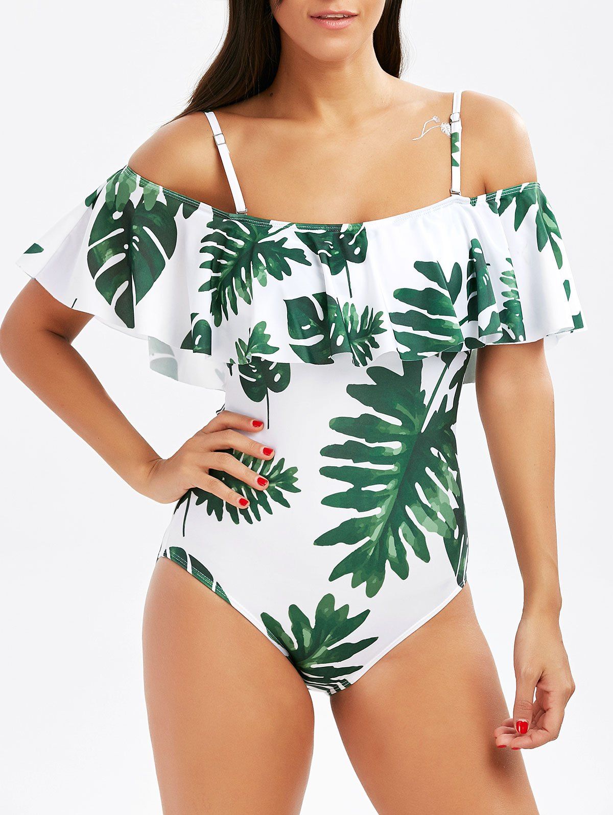 Trendy Flounce Tropical Off Shoulder Print Swimsuit  
