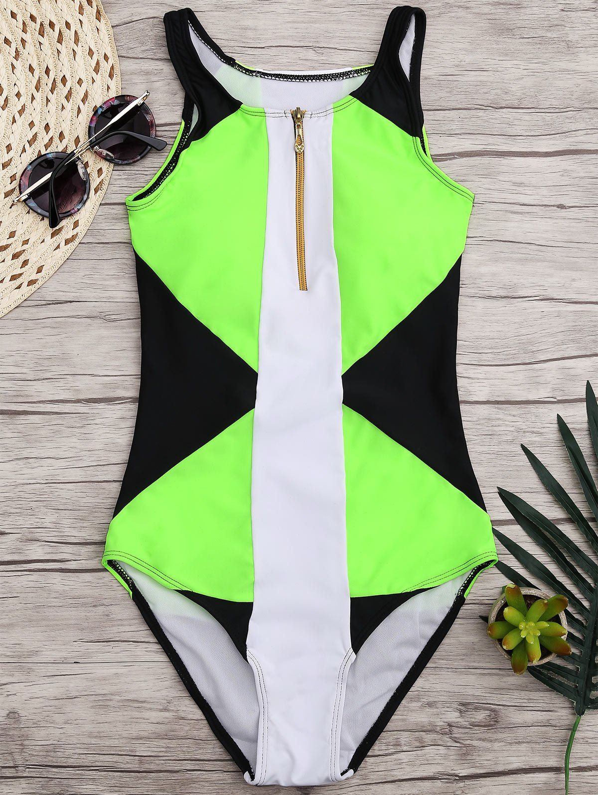 

High Neck Color Block One-piece Swimwear, Black and green