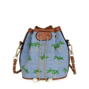 Denim Coconut Tree Embroidered Bucket Bag