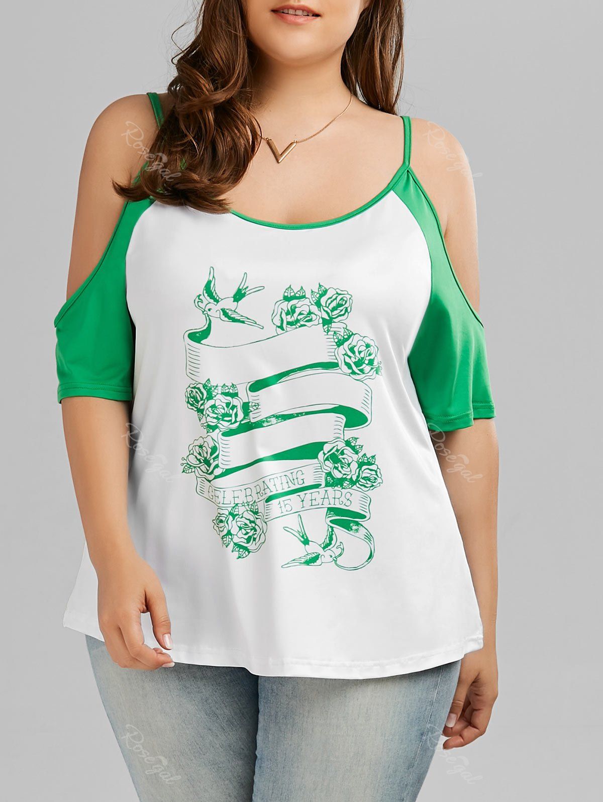 

Plus Size Spaghetti Strap Printed Cold Shoulder Top, Green