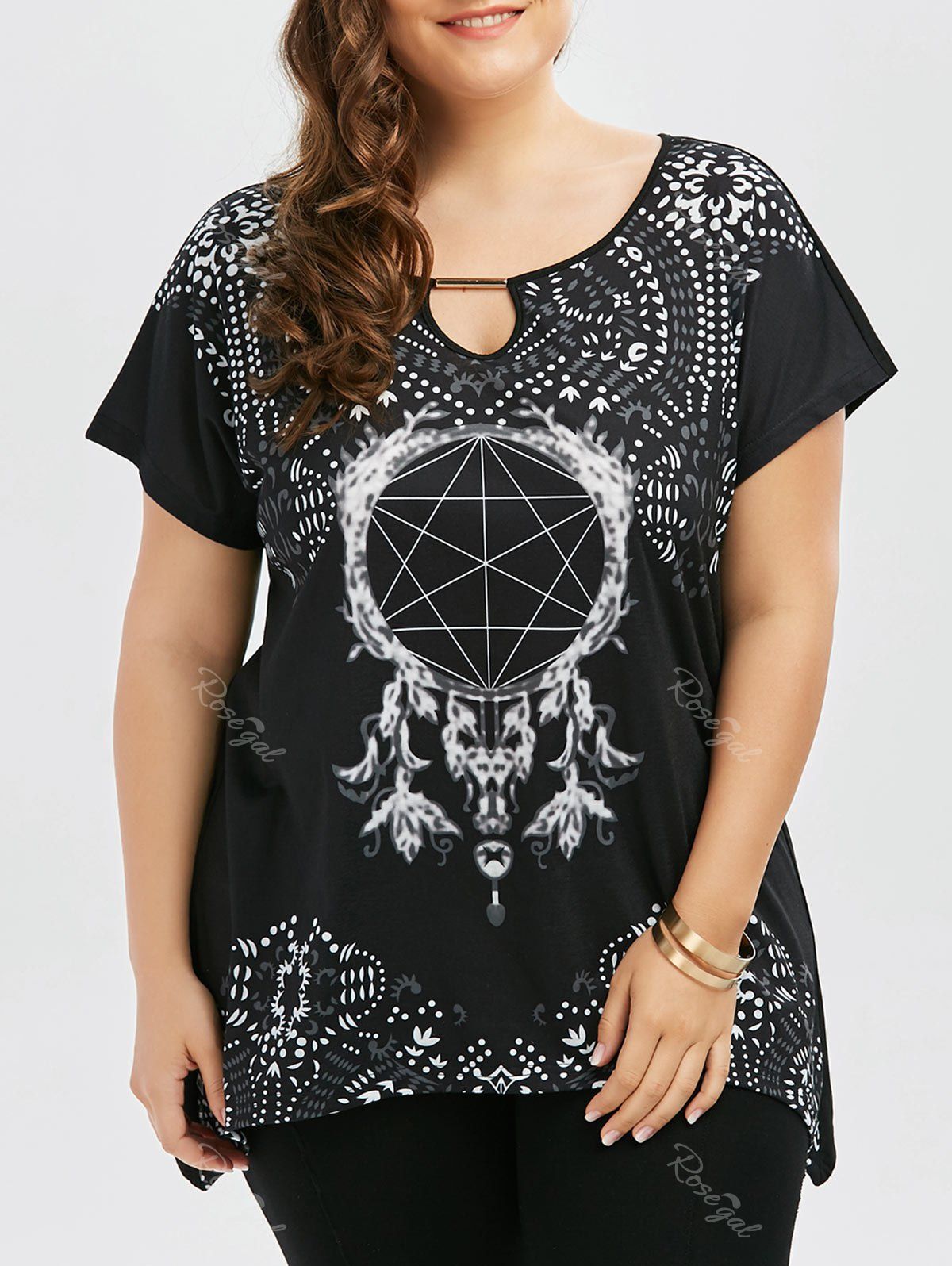 

Plus Size Graphic Keyhole Neck T-shirt, Black