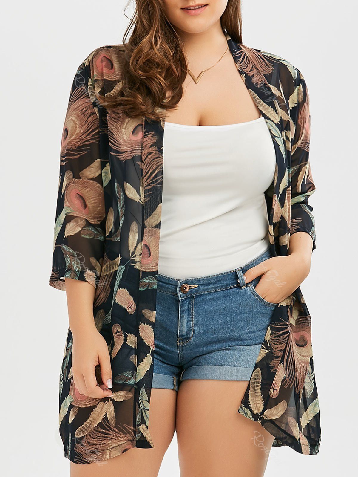 

Plus Size Feather Print Chiffon Collarless Kimono, Black
