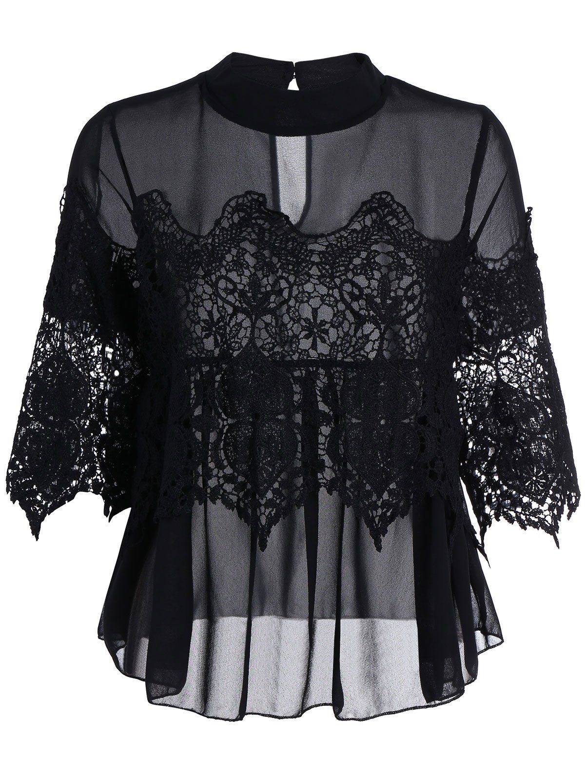 [69% OFF] See Thru Lace Insert Chiffon Top | Rosegal