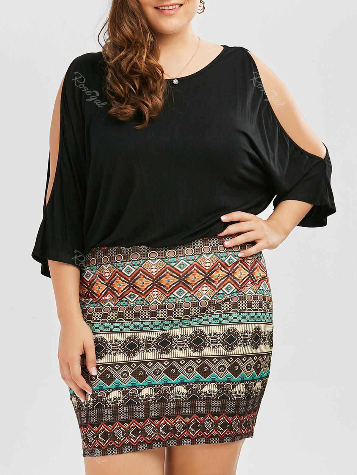 

Batwing Sleeve Tribe Plus Size Dress, Black