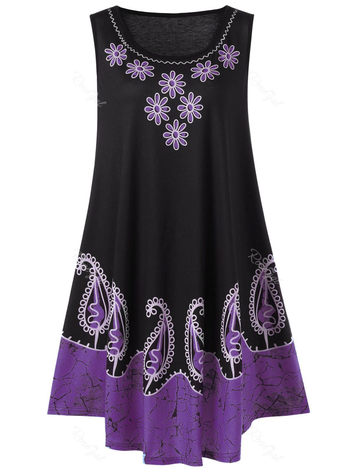 

Plus Size Sleeveless Floral and Paisley Tank Tunic Dress, Purple