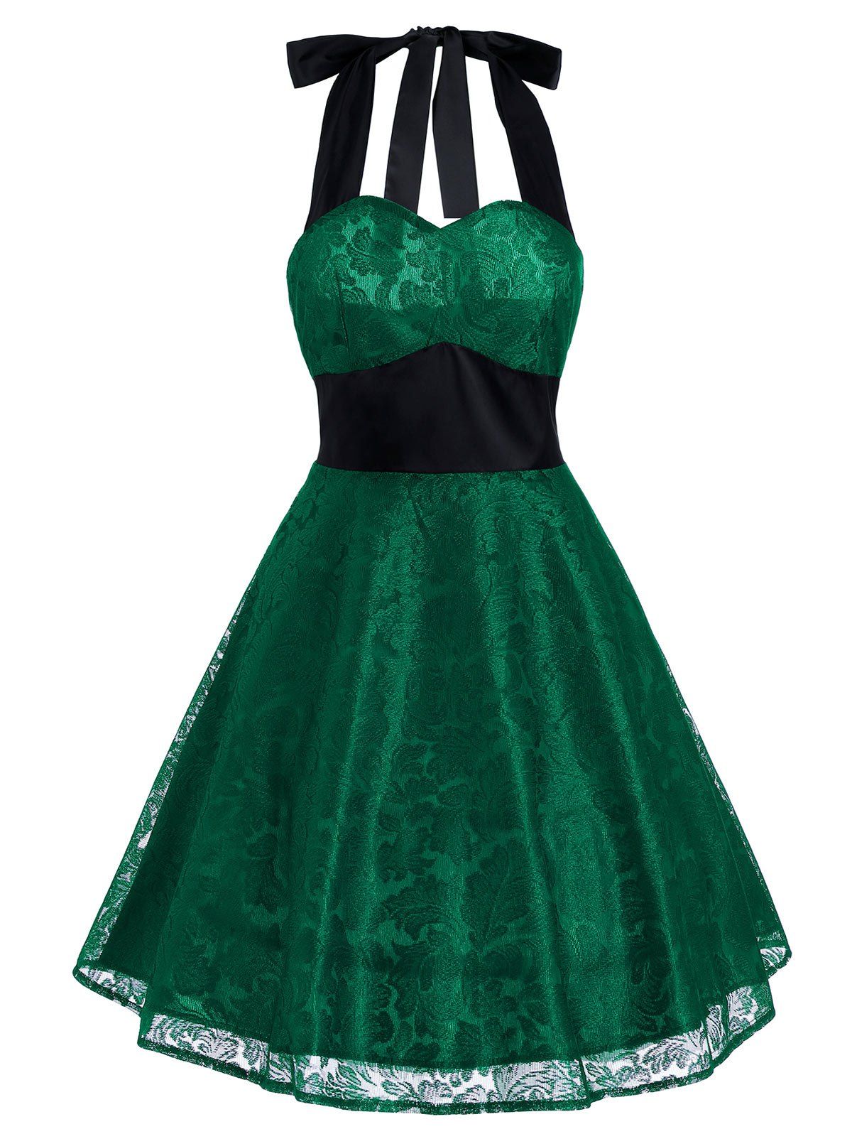 

Vintage Halter Lace Panel Contrast Flare Dress, Green