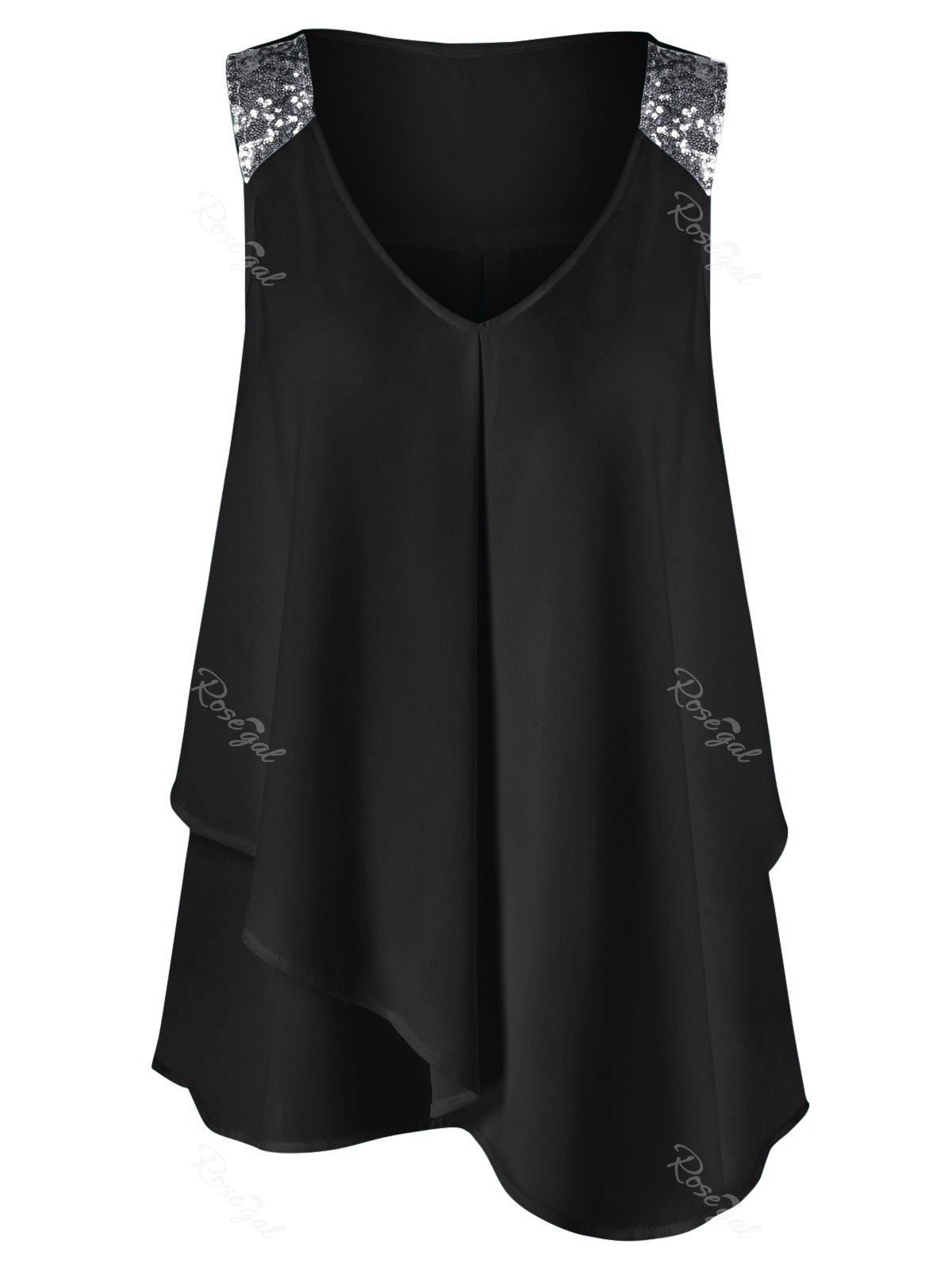 

Plus Size Sequined Sleeveless Shoulder Overlap Blouse, Black