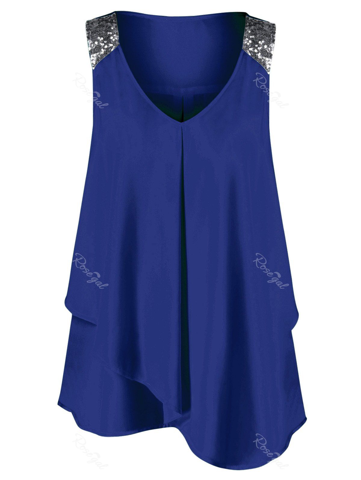 

Plus Size Sequined Sleeveless Shoulder Overlap Blouse, Royal