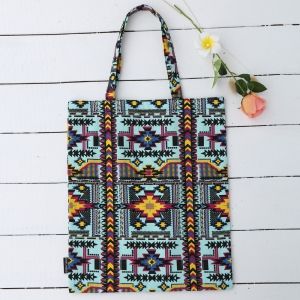 Turquoise Canvas Ethnic Print Shopper Bag | RoseGal.com