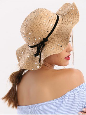 Shop Sequin Detachable Ribbon Bowknot Straw Hat  