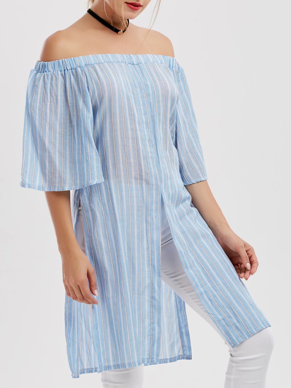 nuageux s stripe high slit the shoulder mini dress nuageux s stripe high slit the shoulder mini dress
