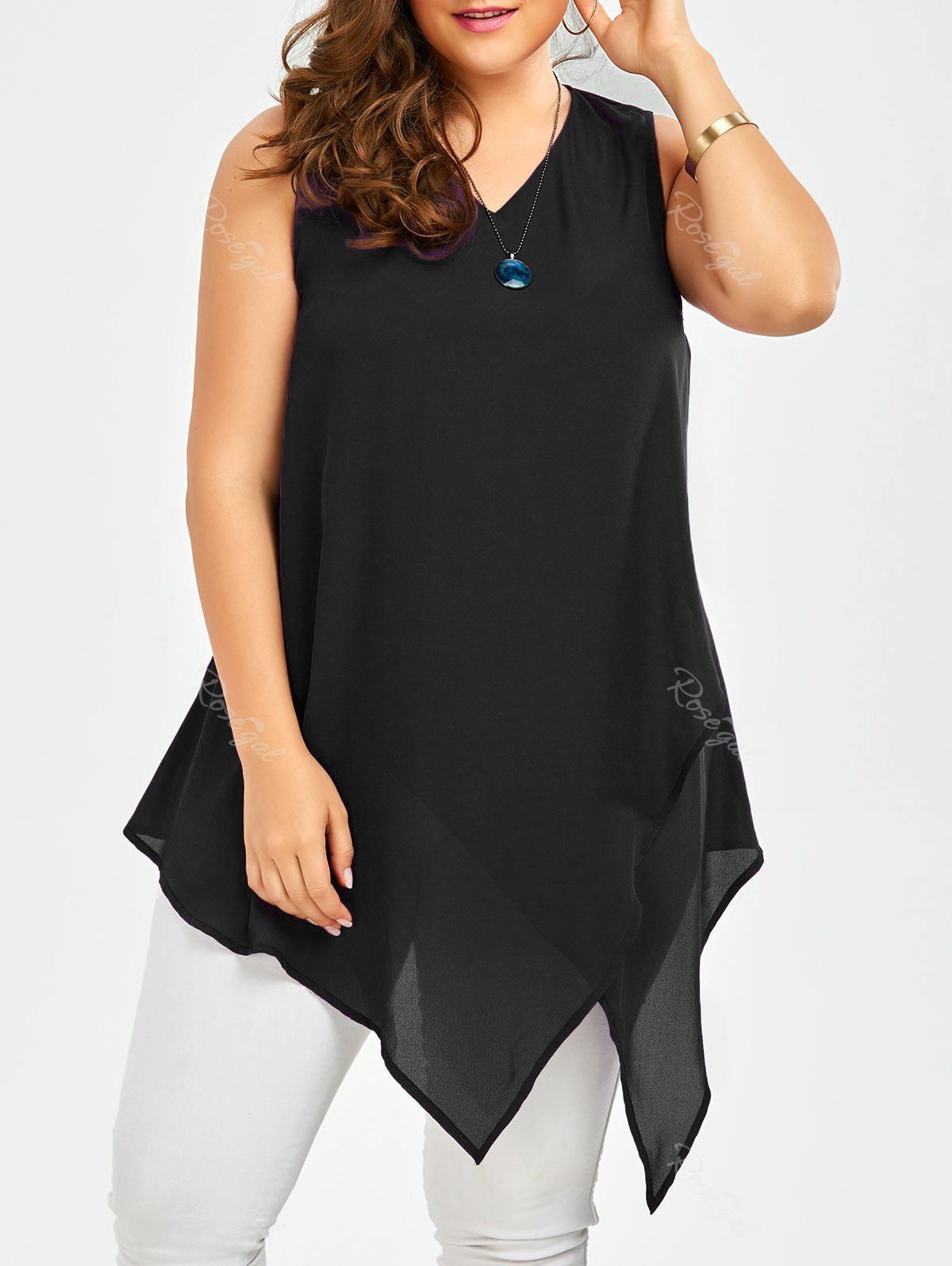 

Plus Size Sleeveless V Neck Asymmetric Tank Top, Black