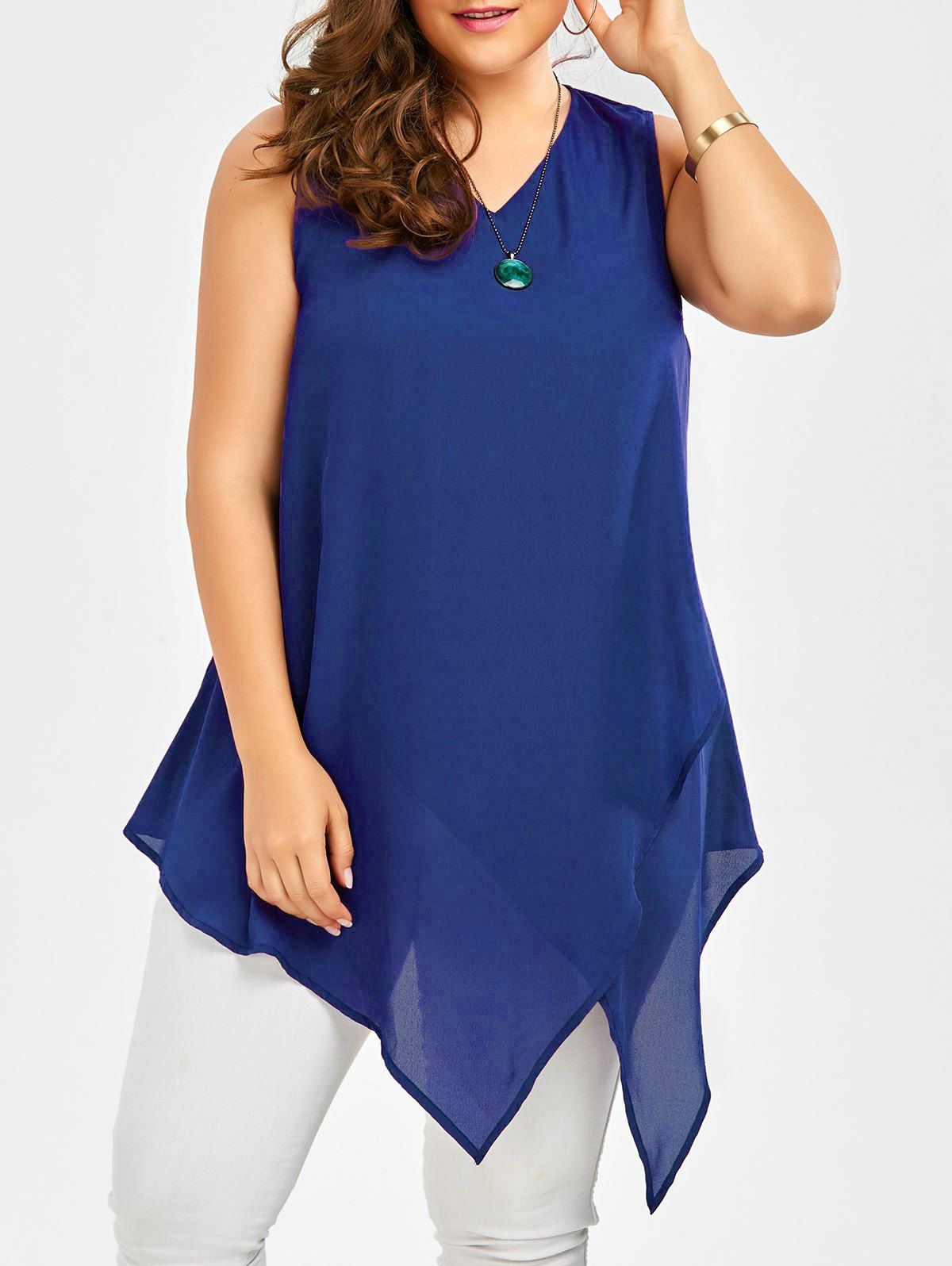 

Plus Size Sleeveless V Neck Asymmetric Tank Top, Blue