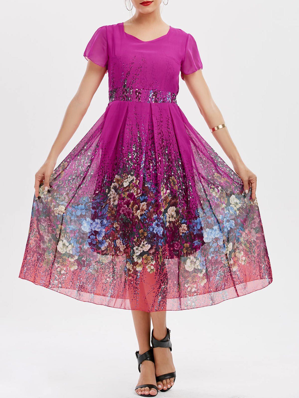 [18 OFF] Casual Bohemian Floral Flowy Midi Dress Rosegal