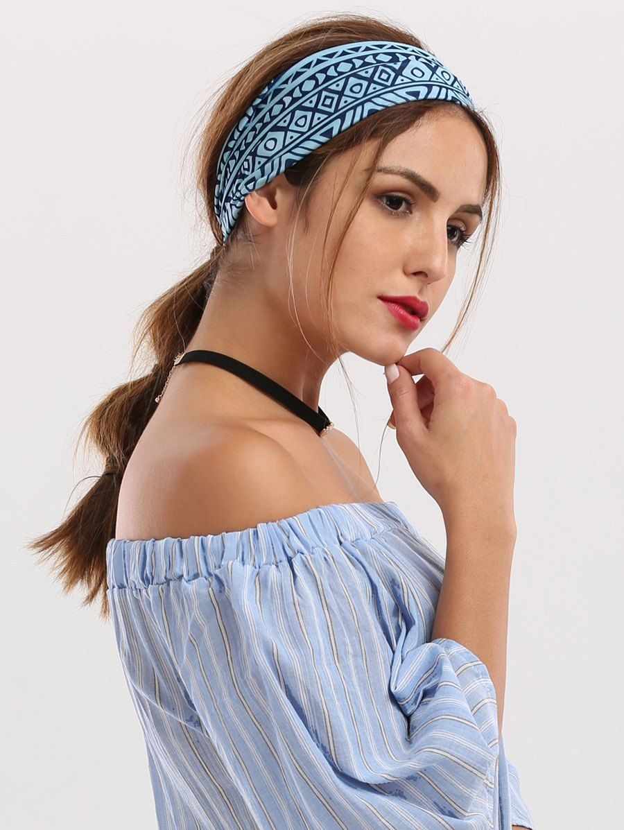 

Hip-Pop Wide Geometrical Printed Elastic Headband, Blue