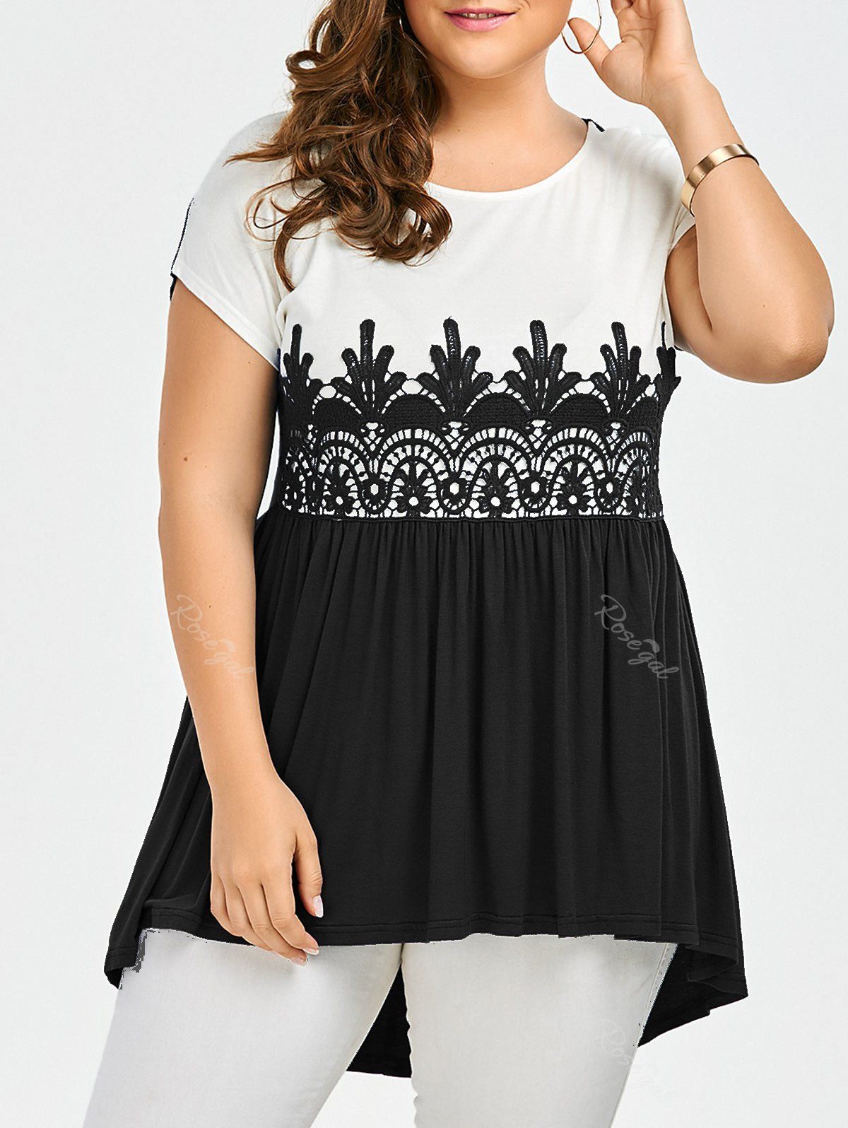 

Lace Panel Plus Size High Low Top, Black