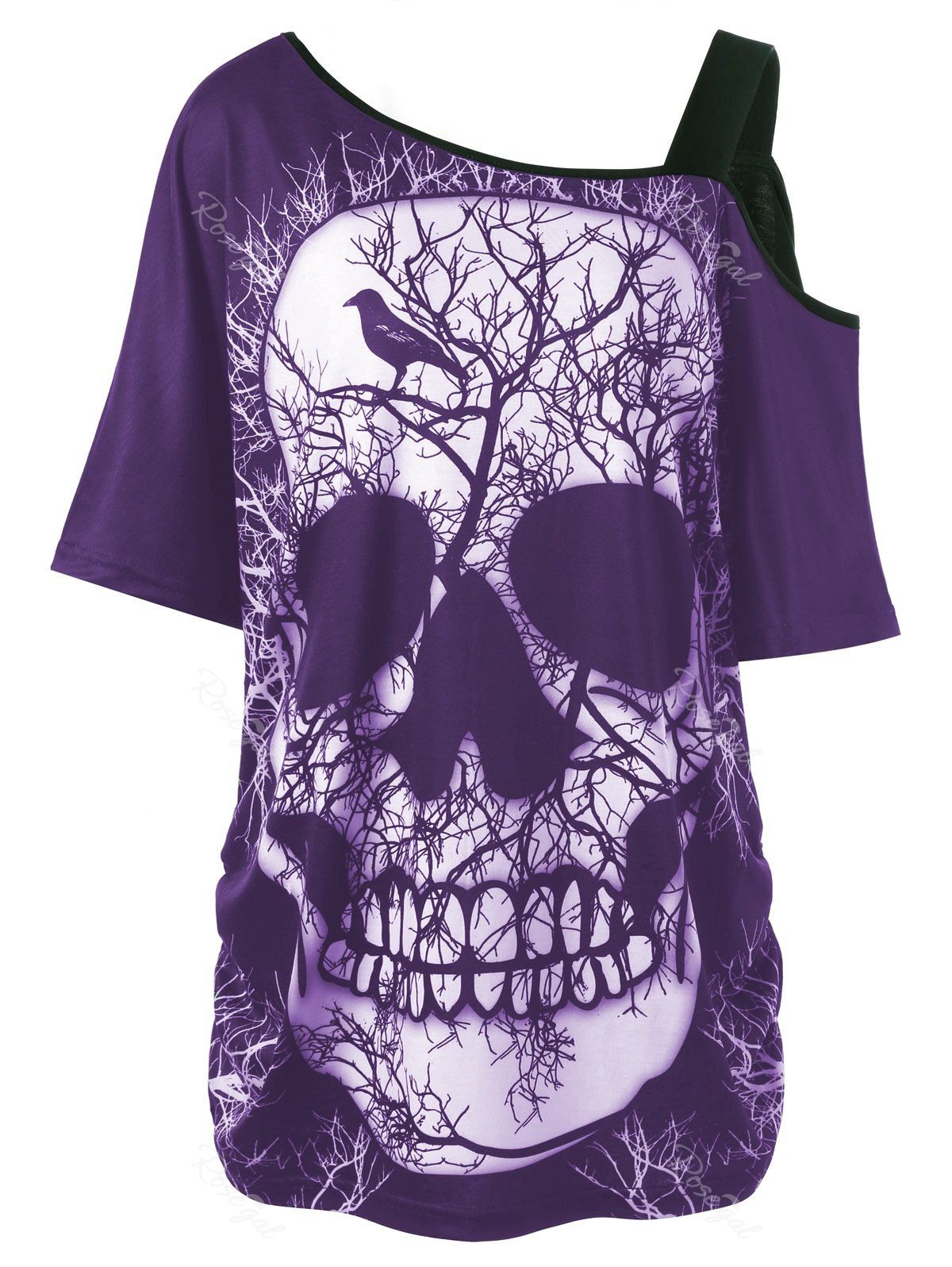 

Plus Size Skull Skew Collar Long T-shirt, Purple