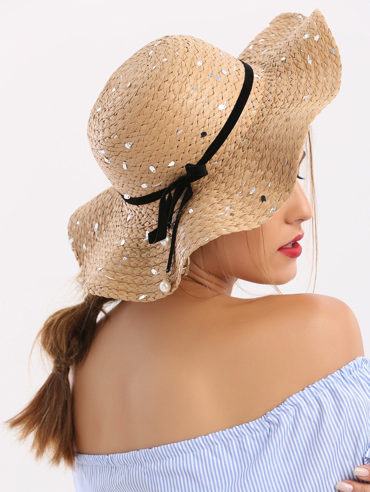 

Sequin Detachable Ribbon Bowknot Straw Hat, Coffee