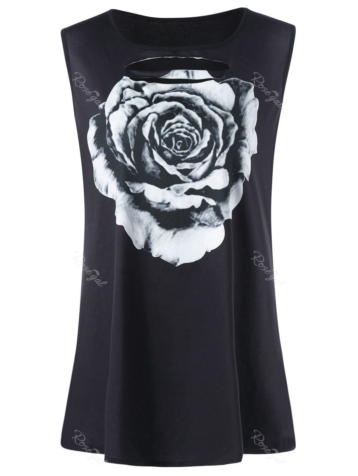 

Floral Print Cutout Plus Size Tank Top, Black