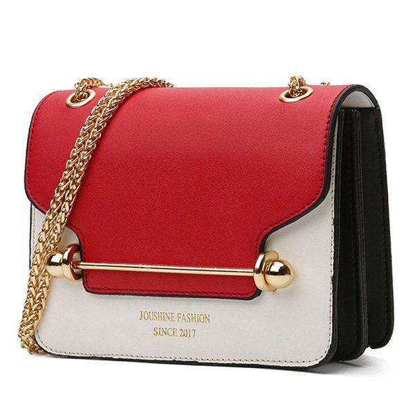 

Chain Metal Bar Color Block Crossbody Bag, Red
