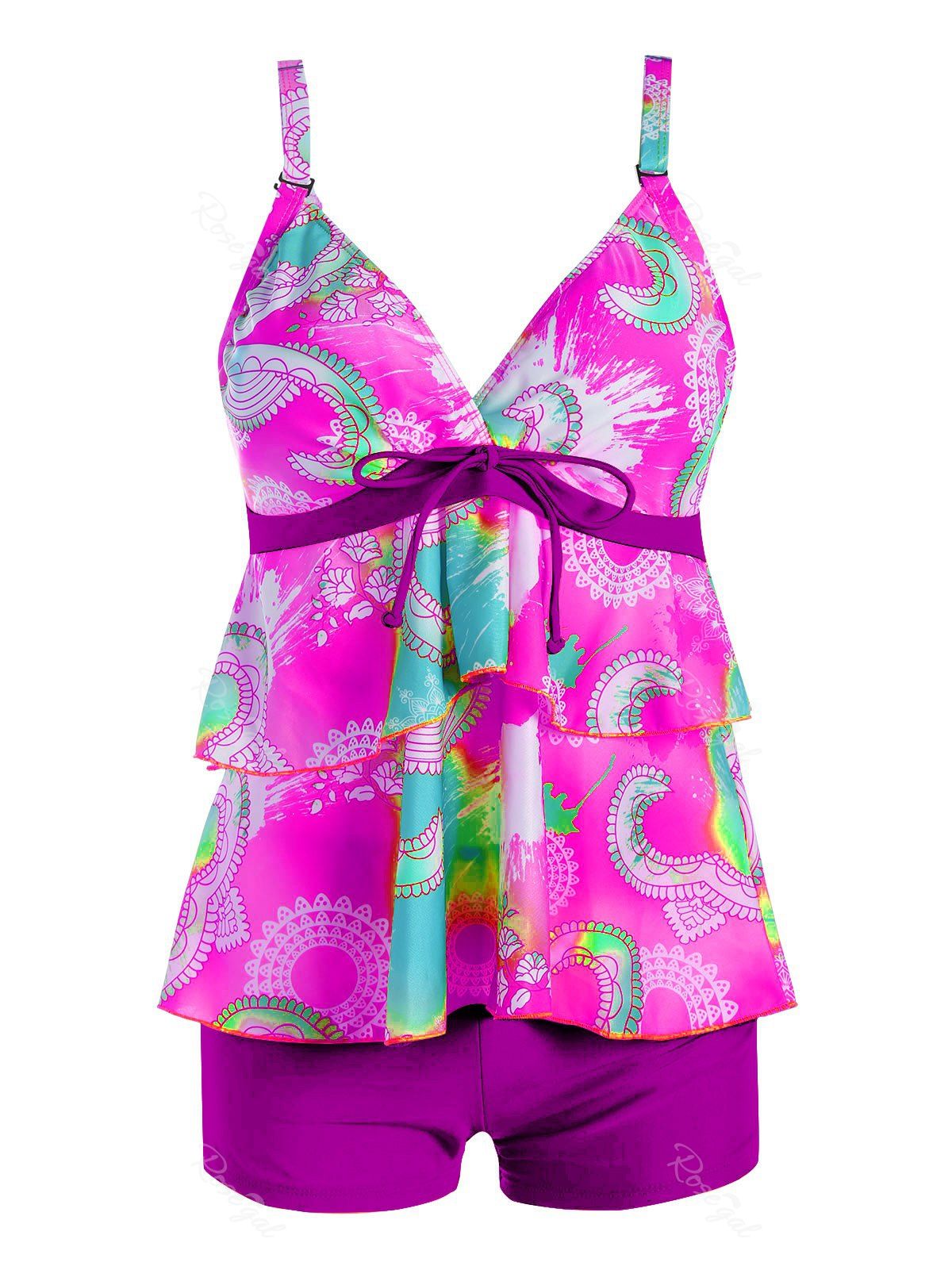 

Plus Size Flounce Print Tankini Set, Purple