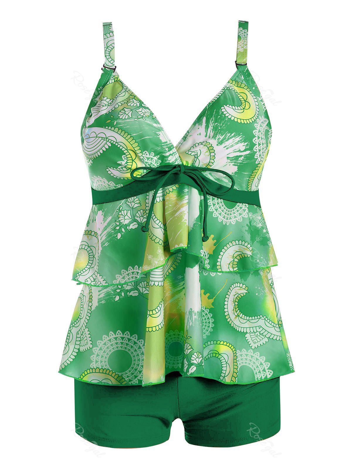 

Plus Size Flounce Print Tankini Set, Green