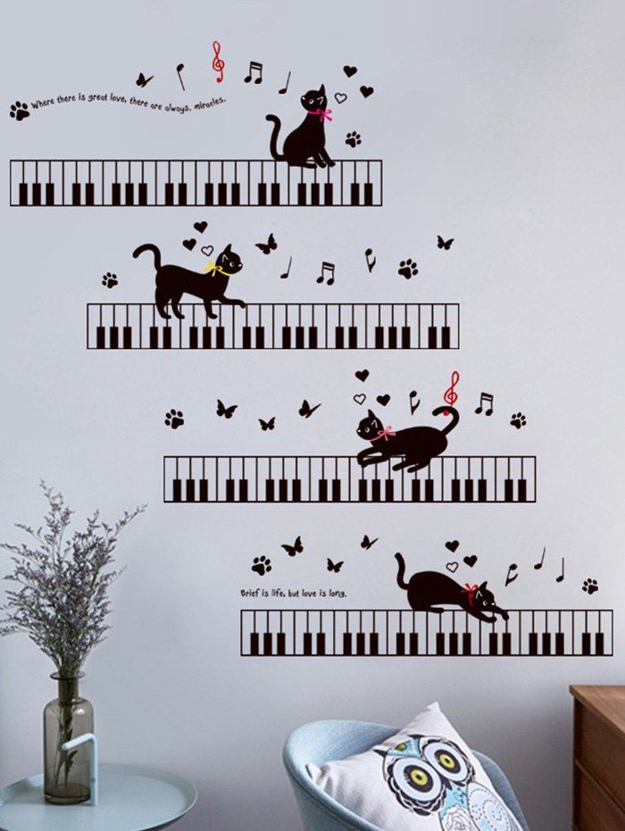 

Removable Cartoon Cat Piano Wall Sticker For Kids, Black