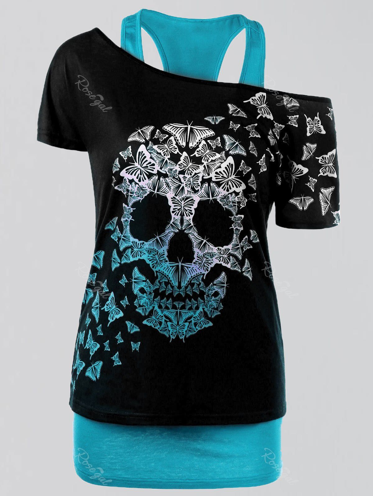 

Plus Size Butterfly Skull T-shirt and Tank Top, Lake blue