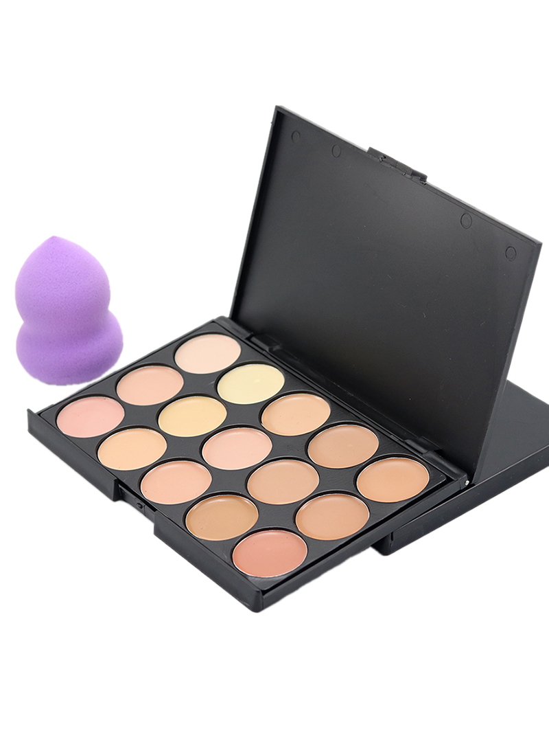 

15 Colours Cream Concealer Palette and Random Color Makeup Sponge, #02