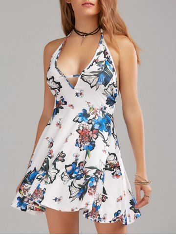 [33% OFF] Backless Halter Neck Floral Mini Summer Dress | Rosegal